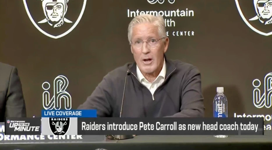 Crazy Scene Unfolds During Raiders HC Pete Carroll’s Introductory Press Conference As Marshawn Lynch Interrupts Him With Loud Yelling