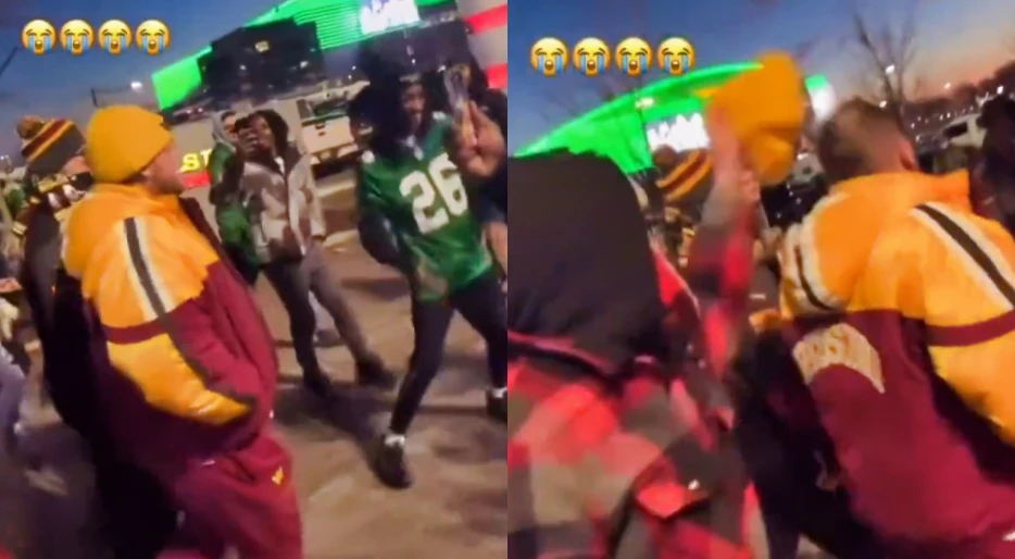 Multiple Philadelphia Eagles Fans Disgustingly Harassed And Stole A Beanie Off Washington Commanders Fans During Super Bowl Celebration