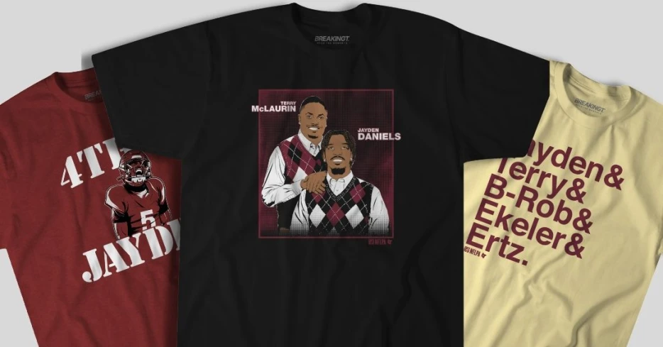 New Washington Commanders t-shirts featuring Jayden Daniels and Terry McLaurin