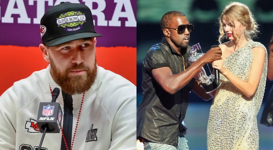 Travis Kelce Had A Stone Cold One-Word Response To Kanye West Question At Super Bowl Media Week