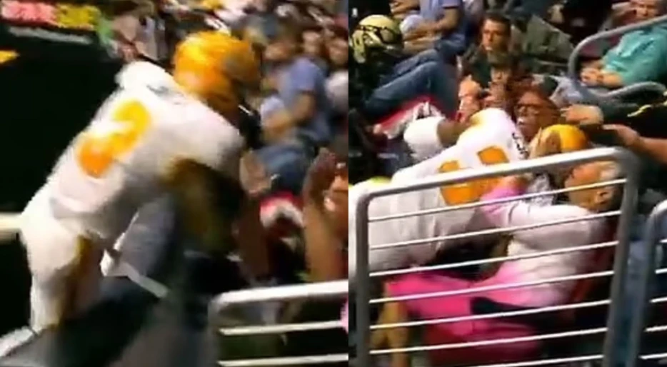 Poor Lady With Front-Row Seat Gets Absolutely Crushed By Wide Receiver After Making A Crazy Catch During Indoor Football League Game