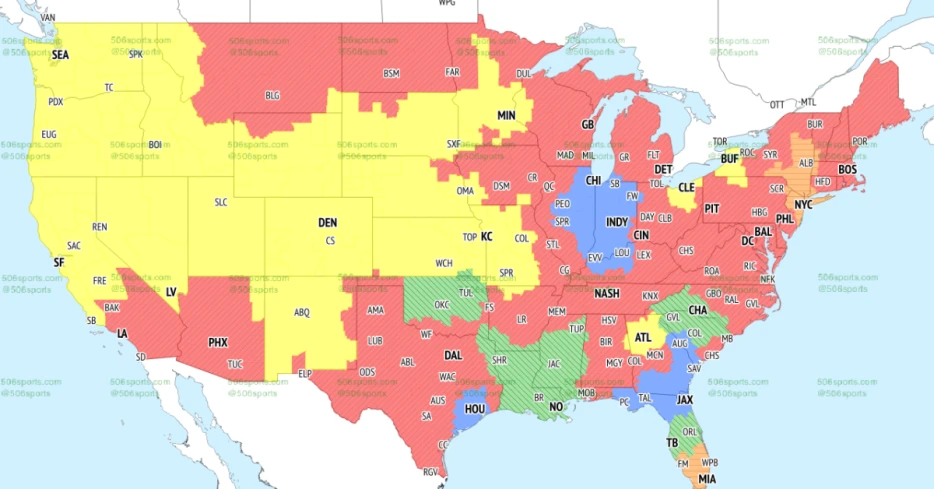 Broncos at Raiders TV broadcast map for Week 14