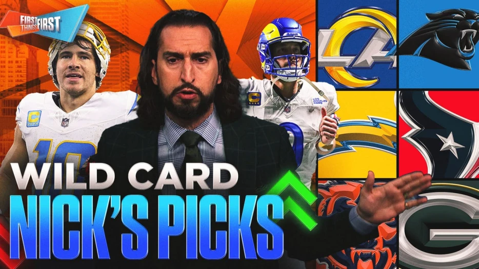 Rams (-10.5), Chargers (+3.5) and Jaguars (+1.5) highlight Nick Wright's Wild Card Picks | First Things First